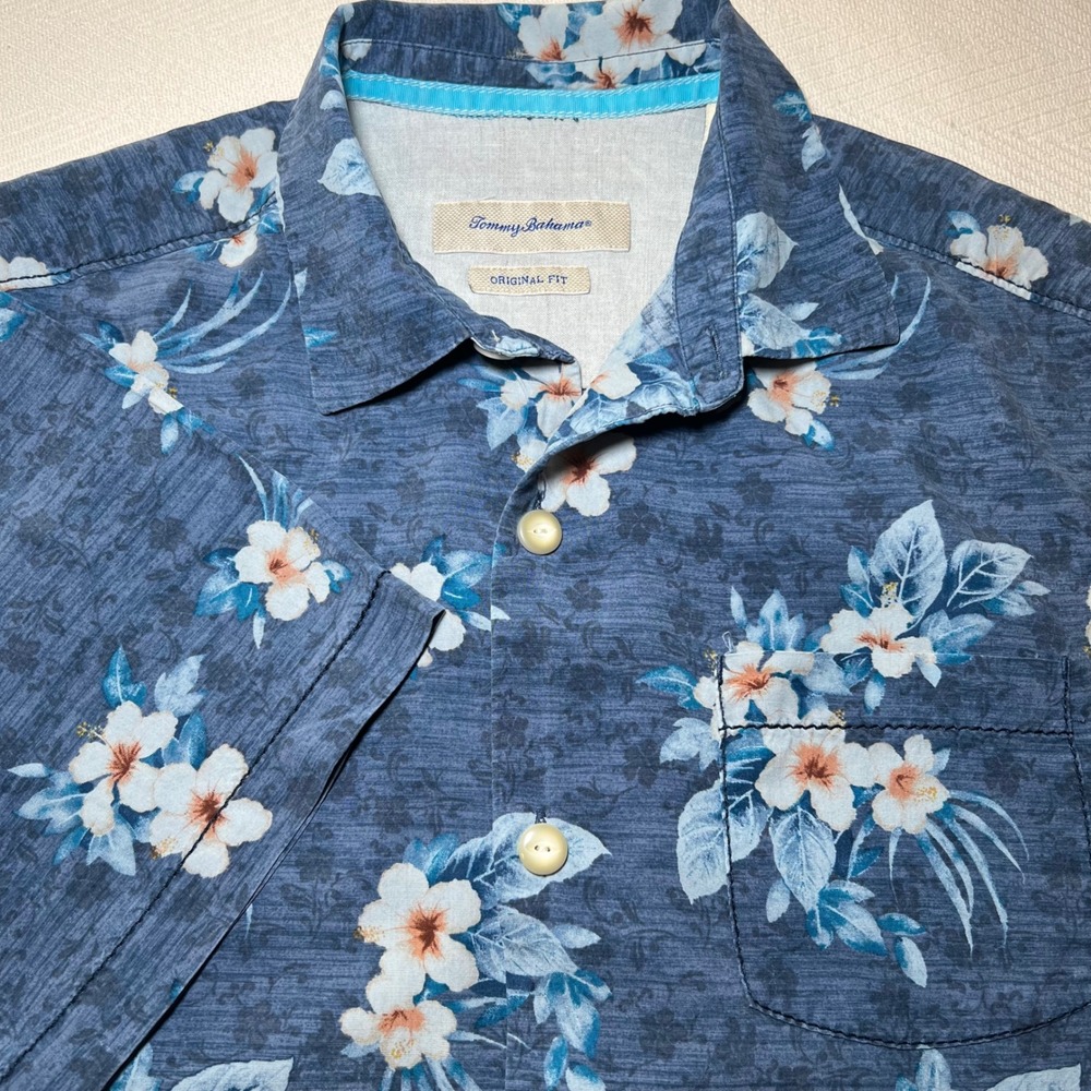 Tommy‎ Bahama Mens Blue Floral 100% Silk Short Sleeve Camp Shirt Original Fit M